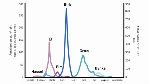 Det årlige pollental. Baseret på gennemsnitsværdier fra målestationen i København fra 2011 til 2020. Kilde: Astma-Allergi Danmark
